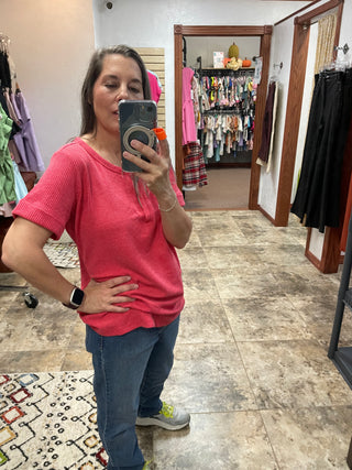 V- Neck Waffle Weave Shirt Red