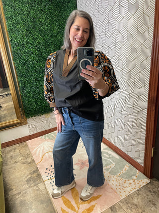 Black Top with Orange Embroidered Sleeves