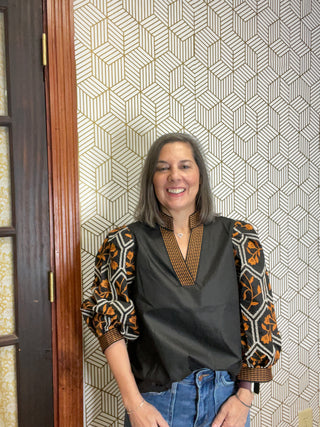 Black Top with Orange Embroidered Sleeves