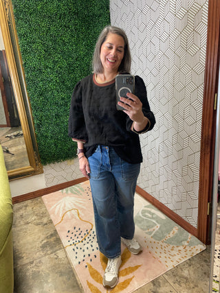 Textured Black Top with Contrast Collar