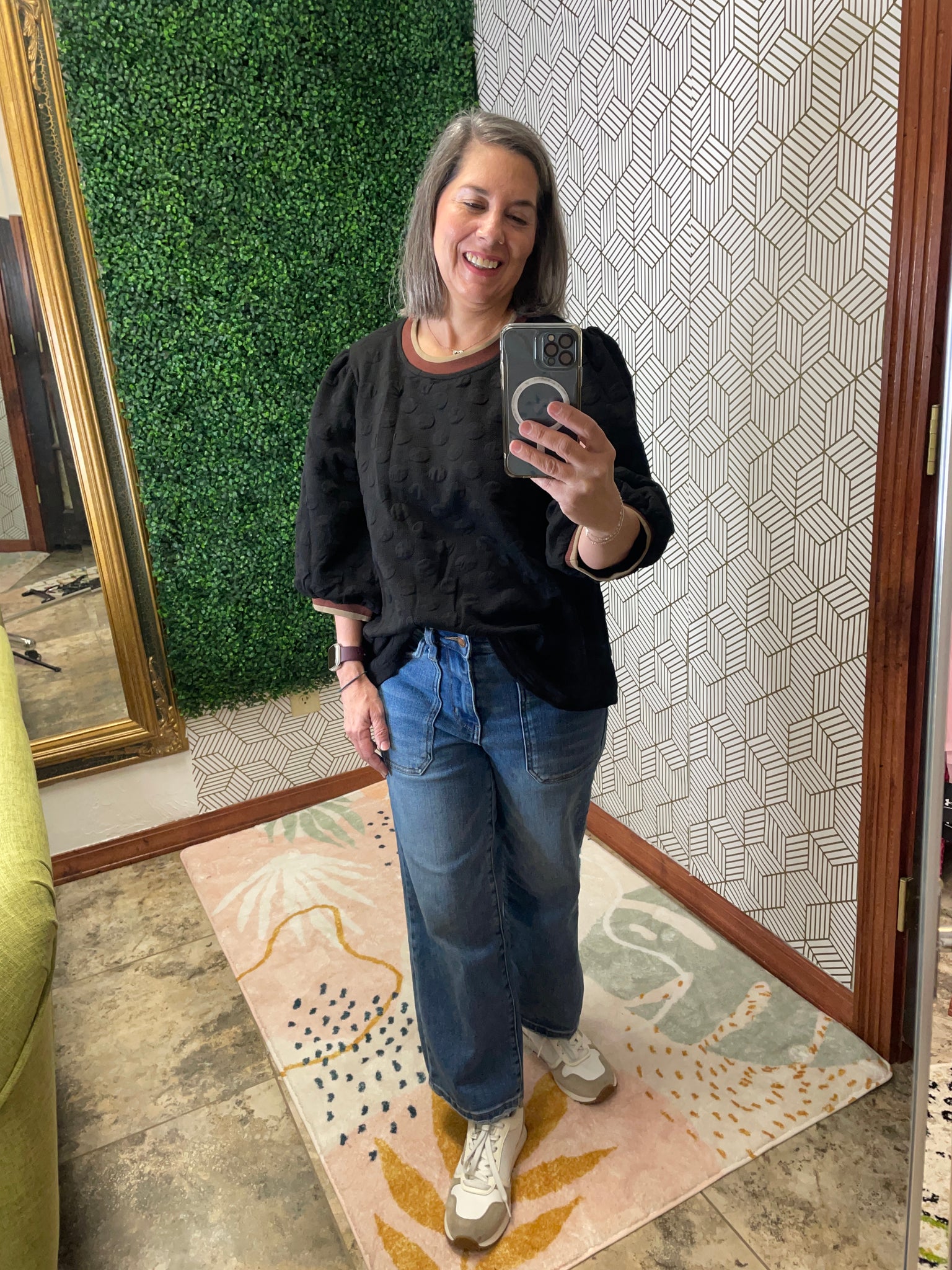 Textured Black Top with Contrast Collar