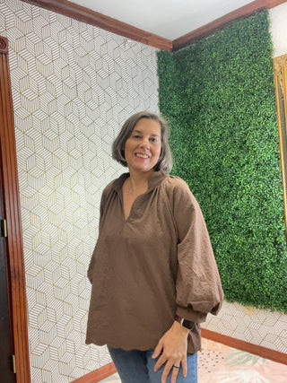 Chocolate Scalloped Hem Blouse-210 Womens Top-Umgee-Baby In Bloom