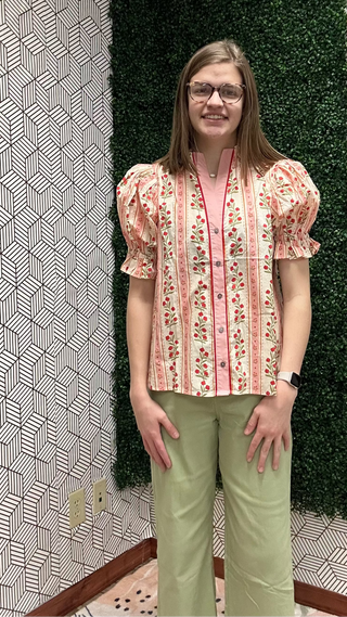 Blush Floral Button-Front Women’s Blouse-210 Womens Top-Entro-Baby In Bloom