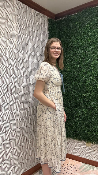 Blue Floral Tie Front Midi Dress-230 Womens Dress/Romper/jump-Hayden-Baby In Bloom