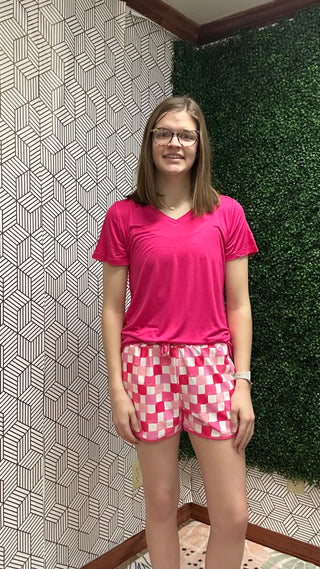 Sorbet Pink Checkered Everyday Shorts – High-Waisted Retro Summer Lounge Wear-220 Womens Bottoms-Jess Lea-Baby In Bloom