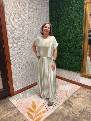 Sorrento Sage Striped High-Waisted Midi Skirt-220 Womens Bottoms-Blu Pepper-Baby In Bloom