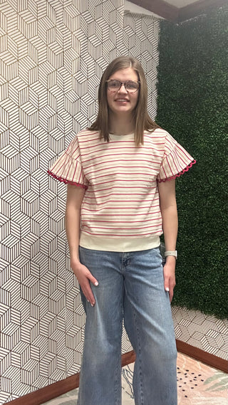 Fuchsia Scalloped Ruffle Sleeve Striped Knit Top-210 Womens Top-Stacccato-Baby In Bloom