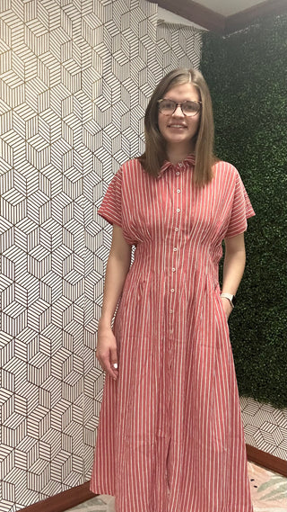 Seaside Classic: Red & White Striped Button-Down Maxi Dress-230 Womens Dress/Romper/jump-Stacccato-Baby In Bloom