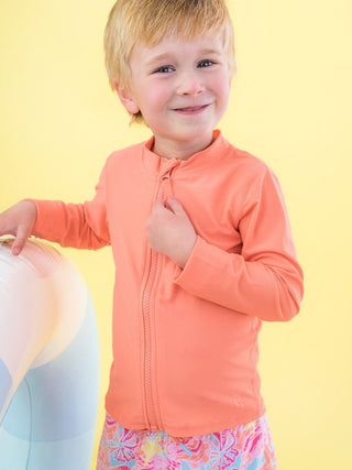 Coral Long Sleeve Zip Rash Guard-Distress-Ruffle Butts-Baby In Bloom