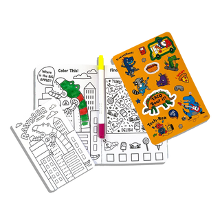 Coloring book with dinosaur-themed pages and stickers on a white background