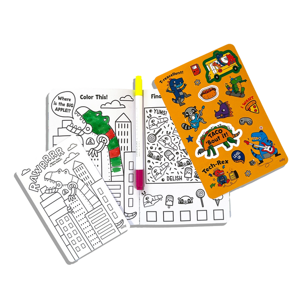 Coloring book with dinosaur-themed pages and stickers on a white background