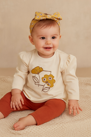 Long Sleeve Cream Floral Top with Matching Headband