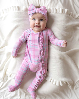 Peyton Ruffled 2-Way Zipper Footie - Pink Plaid Bamboo Sleeper-110 Footie/pjs/coverall/gown-Lev Baby-Baby In Bloom