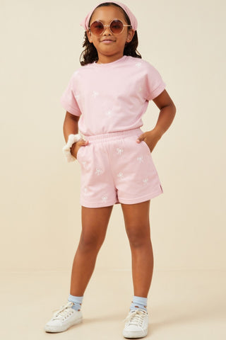 Girls Pink Bow Embroidered French Terry Boxer Shorts-Distress-Hayden-Baby In Bloom