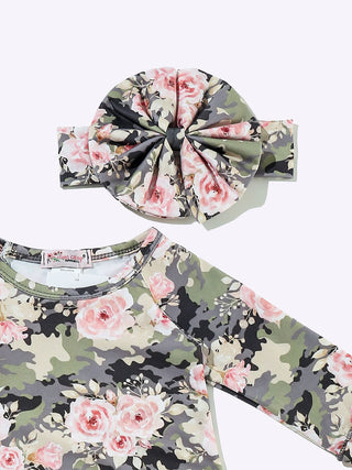 Rose Floral Camo Ruffle Baby Gown & Headband Set-110 Footie/pjs/coverall/gown-Clover Cottage-Baby In Bloom