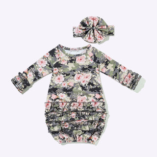Rose Floral Camo Ruffle Baby Gown & Headband Set-110 Footie/pjs/coverall/gown-Clover Cottage-Baby In Bloom