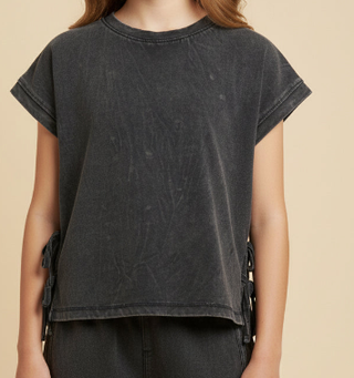 Black Acid Wash Side-Bow Boxy Knit Tee-130 Kids Tops-Hayden-Baby In Bloom