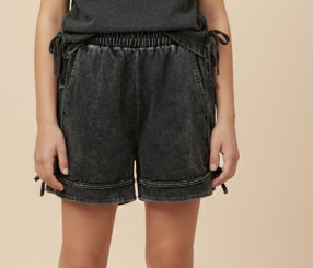 Black Acid Wash Side-Bow Knit Shorts-140 Kids Bottoms-Hayden-Baby In Bloom