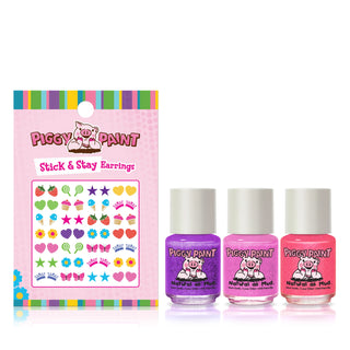 Piggy Paint nail polish set with packaging and stickers on a white background