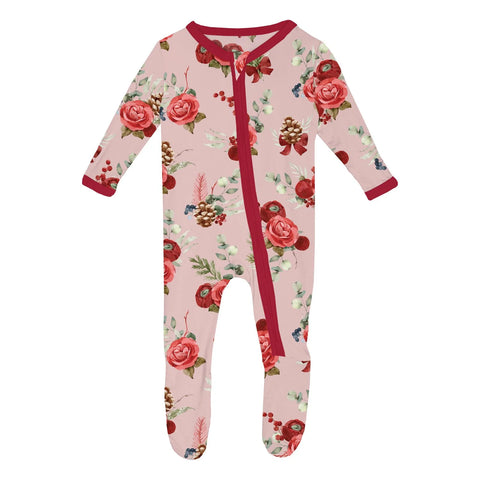 Baby Rose Holiday Floral with 2-Way Zipper Footie