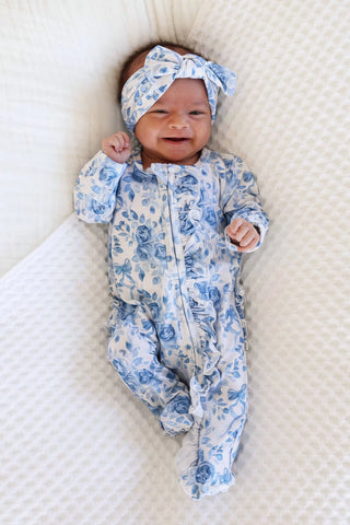 Betsy’s Blooms Blue Floral Ruffle Zipper Footie | Ultra-Soft Bamboo Baby Sleeper-110 Footie/pjs/coverall/gown-Caden Lane-Baby In Bloom