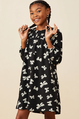Girls' Smocked Bow Print Long Sleeve Party Dress - Black-160 Dress/Romper/Jumpsuit-Hayden-Baby In Bloom
