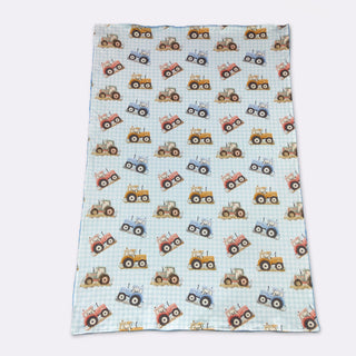 Ultra-Soft Blue Gingham Tractor Bamboo Swaddle Blanket-170 Baby Soft Gifts-Clover Cottage-Baby In Bloom