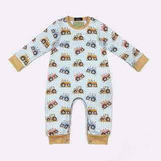 Blue Gingham Tractor Baby Romper – Long Sleeve Farm Print One-Piece