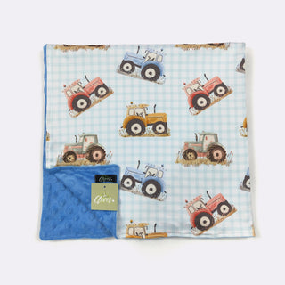 Ultra-Soft Blue Gingham Tractor Bamboo Swaddle Blanket-170 Baby Soft Gifts-Clover Cottage-Baby In Bloom