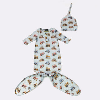 Blue Tractor Gingham Knotted Gown & Matching Hat Set-110 Footie/pjs/coverall/gown-Clover Cottage-Baby In Bloom