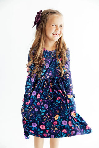 Botanical Beauty Navy Floral Long Sleeve Twirl Dress with Pockets-160 Dress/Romper/Jumpsuit-Mila & Rose-Baby In Bloom