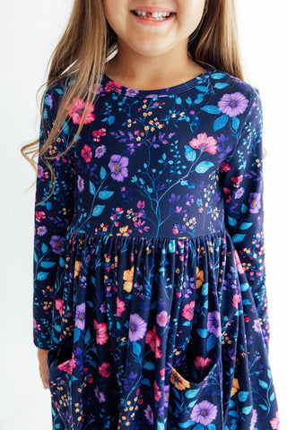 Botanical Beauty Navy Floral Long Sleeve Twirl Dress with Pockets-160 Dress/Romper/Jumpsuit-Mila & Rose-Baby In Bloom