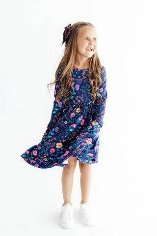 Botanical Beauty Navy Floral Long Sleeve Twirl Dress with Pockets-160 Dress/Romper/Jumpsuit-Mila & Rose-Baby In Bloom