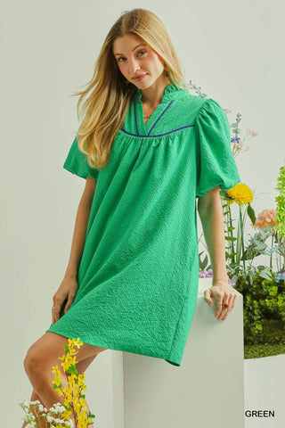 Margot Seersucker Puff Sleeve Mini Dress – Vibrant Green