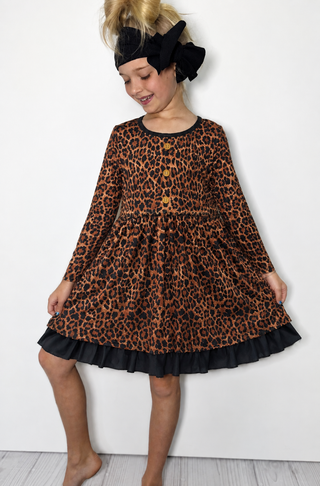 Wild & Whimsical Long Sleeve Cheetah Print Girls' Dress-160 Dress/Romper/Jumpsuit-Clover Cottage-Baby In Bloom