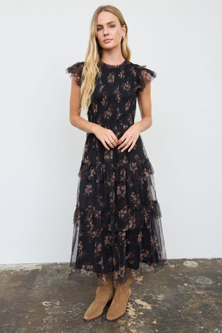 Midnight Blossom Smocked Tiered Ruffle Midi Dress