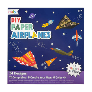 Ooly DIY Paper Airplanes kit packaging with colorful paper airplanes on a blue background