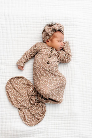 Eden Knotted Baby Gown | Soft Earthy Floral Newborn Sleeper-110 Footie/pjs/coverall/gown-Lou Lou and Company-Baby In Bloom