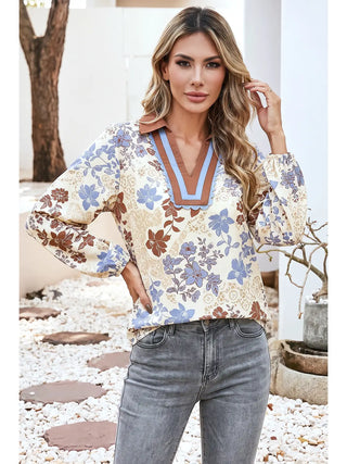 Meadow Bloom Boho V-Neck Floral Long Sleeve Blouse