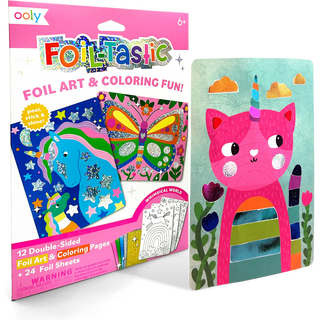 Ooly Foil-Tastic foil art and coloring fun set with a pink cat unicorn design on a white background