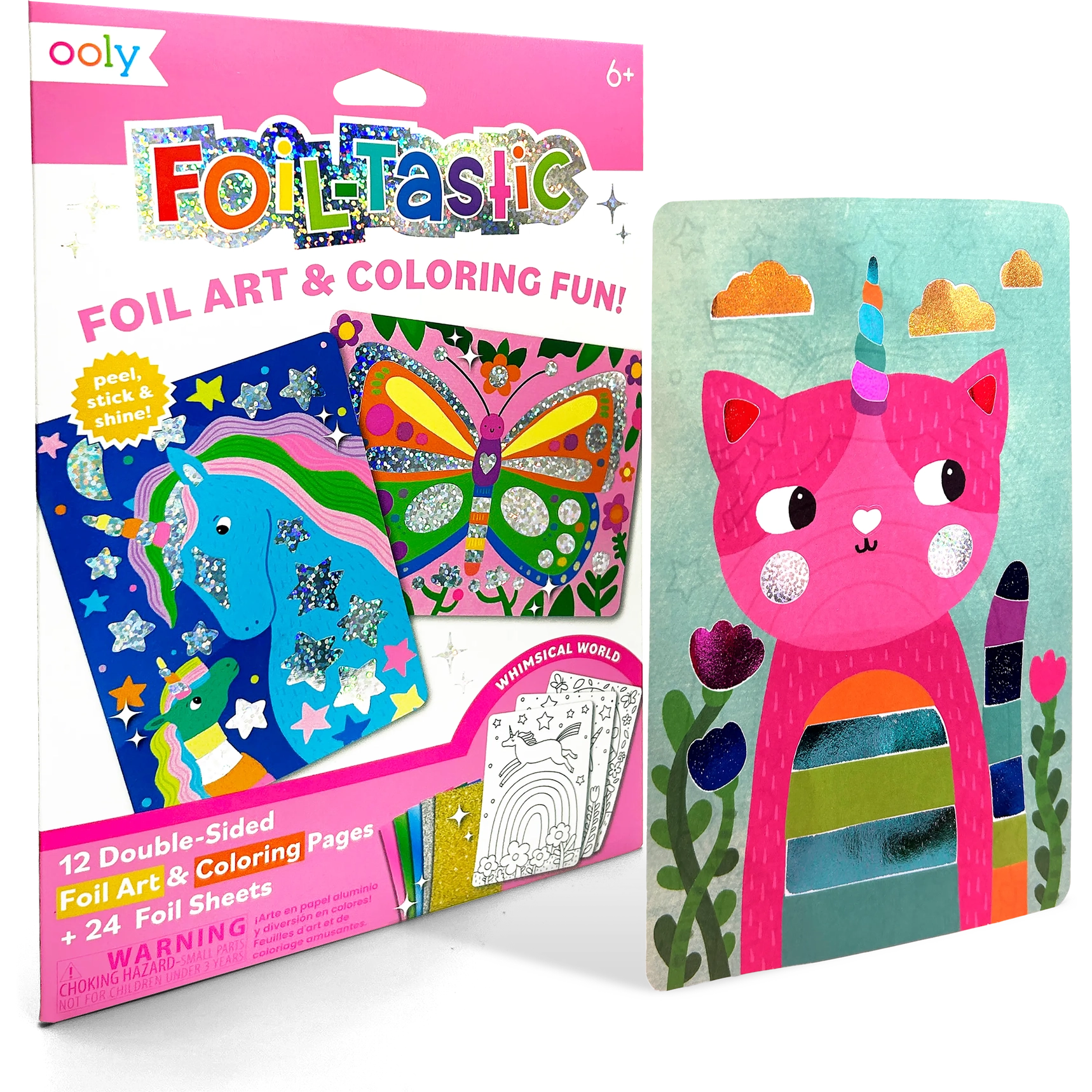 Ooly Foil-Tastic foil art and coloring fun set with a pink cat unicorn design on a white background