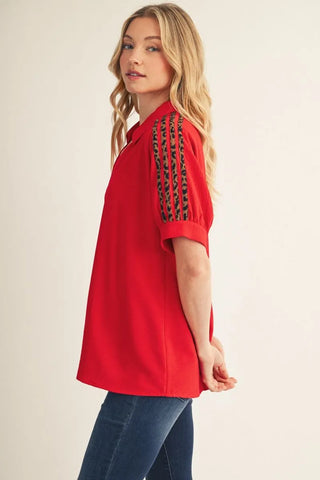 Vibrant Red Leopard-Stripe Short Sleeve Blouse