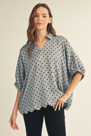 Polka Dot Scalloped Hem V-Neck Blouse