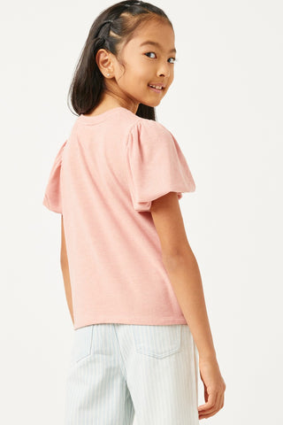 Girls' Rose Pink Puff Sleeve Knit Top – Soft Cotton Blend