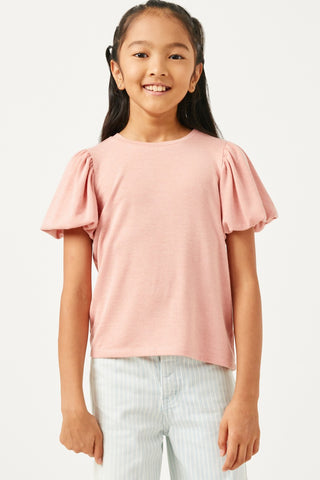 Girls' Rose Pink Puff Sleeve Knit Top – Soft Cotton Blend