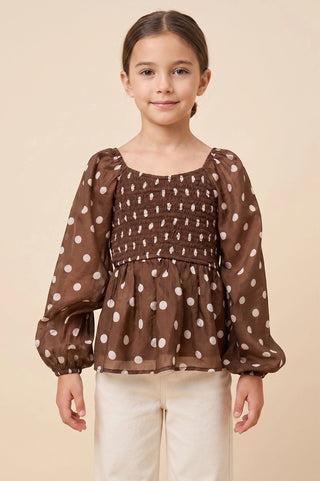 Girls' Smocked Polka Dot Peplum Top - Chic Tween Style