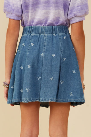Girls' 100% Cotton Embroidered Denim Pleated Skirt-140 Kids Bottoms-Hayden-Baby In Bloom