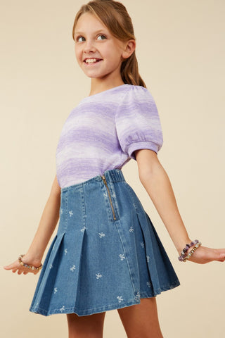 Girls' 100% Cotton Embroidered Denim Pleated Skirt-140 Kids Bottoms-Hayden-Baby In Bloom