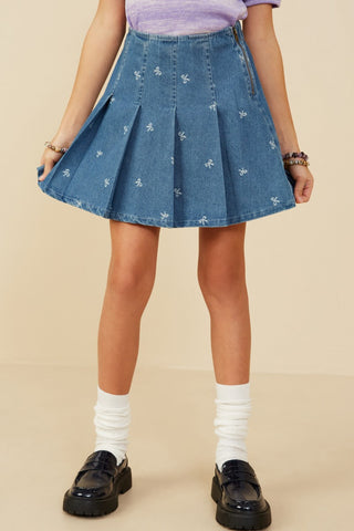 Girls' 100% Cotton Embroidered Denim Pleated Skirt-140 Kids Bottoms-Hayden-Baby In Bloom