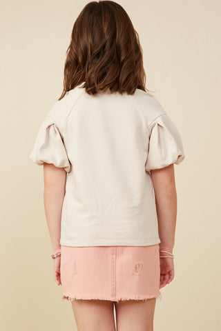 Girls' Box Pleat French Terry Puff Sleeve Top